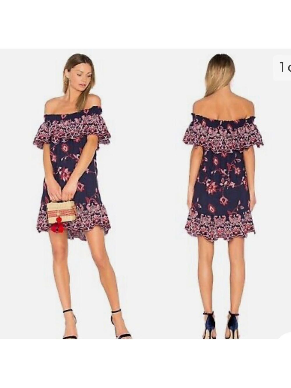 Parker Banks Aquarius Embroidered Floral‎ Off Shoulder Ruffle Dress